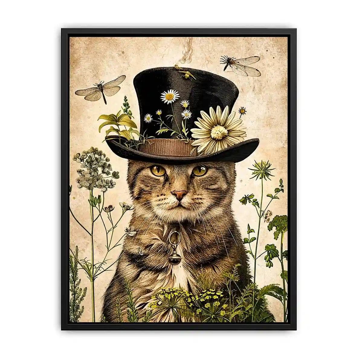 Vintage botanical cat portrait with floral hat, neutral tones, and antique illustration style luxury wall art