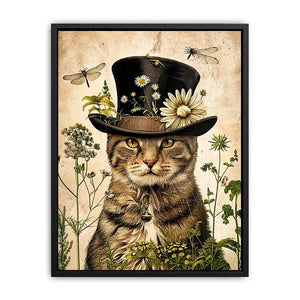 Vintage botanical cat portrait with floral hat, neutral tones, and antique illustration style luxury wall art