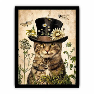 Vintage botanical cat portrait with floral hat, neutral tones, and antique illustration style luxury wall art