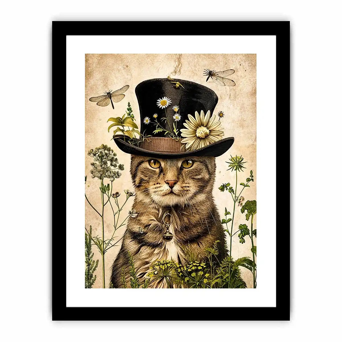 Vintage botanical cat portrait with floral hat, neutral tones, and antique illustration style luxury wall art