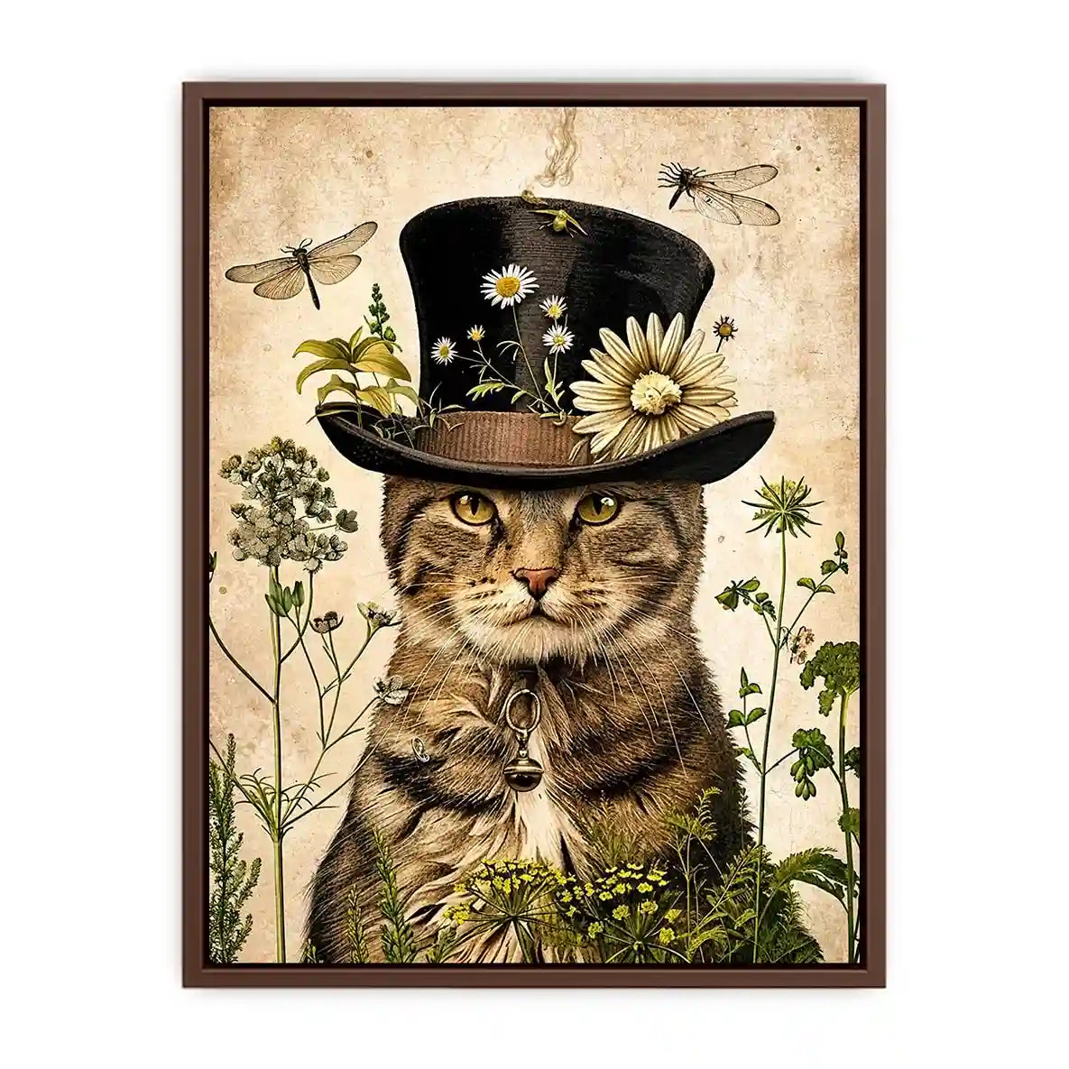 Vintage botanical cat portrait with floral hat, neutral tones, and antique illustration style luxury wall art