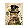 Vintage botanical cat portrait with floral hat, neutral tones, and antique illustration style luxury wall art