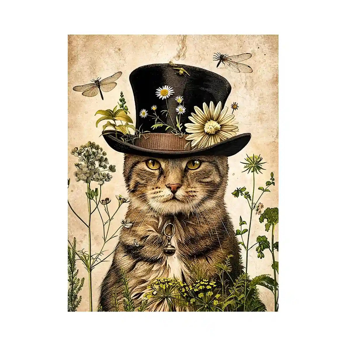 Vintage botanical cat portrait with floral hat, neutral tones, and antique illustration style luxury wall art