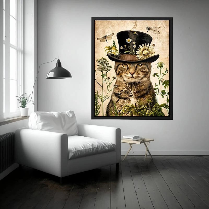 Vintage botanical cat portrait with floral hat, neutral tones, and antique illustration style luxury wall art