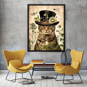 Vintage botanical cat portrait with floral hat, neutral tones, and antique illustration style luxury wall art