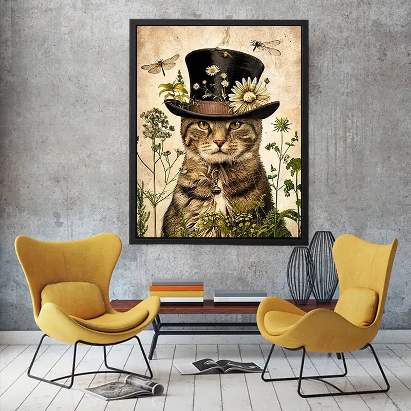Vintage botanical cat portrait with floral hat, neutral tones, and antique illustration style luxury wall art
