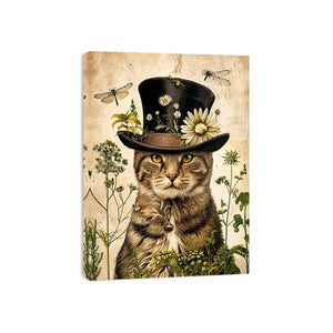 Vintage botanical cat portrait with floral hat, neutral tones, and antique illustration style luxury wall art
