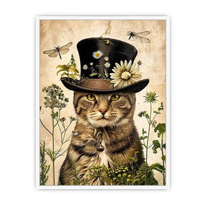 Vintage botanical cat portrait with floral hat, neutral tones, and antique illustration style luxury wall art