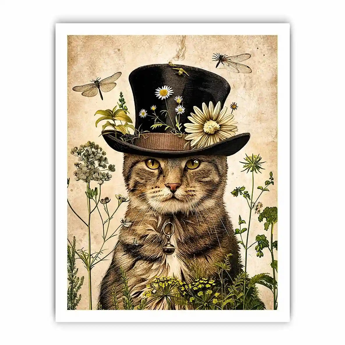Vintage botanical cat portrait with floral hat, neutral tones, and antique illustration style luxury wall art