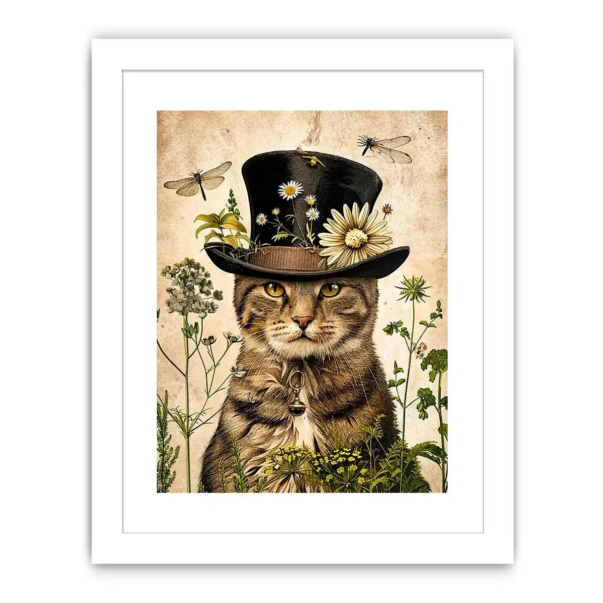 Vintage botanical cat portrait with floral hat, neutral tones, and antique illustration style luxury wall art