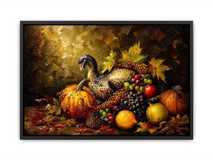 Autumn harvest still life painting with turkey, pumpkins, grapes and warm rustic tones luxury wall art