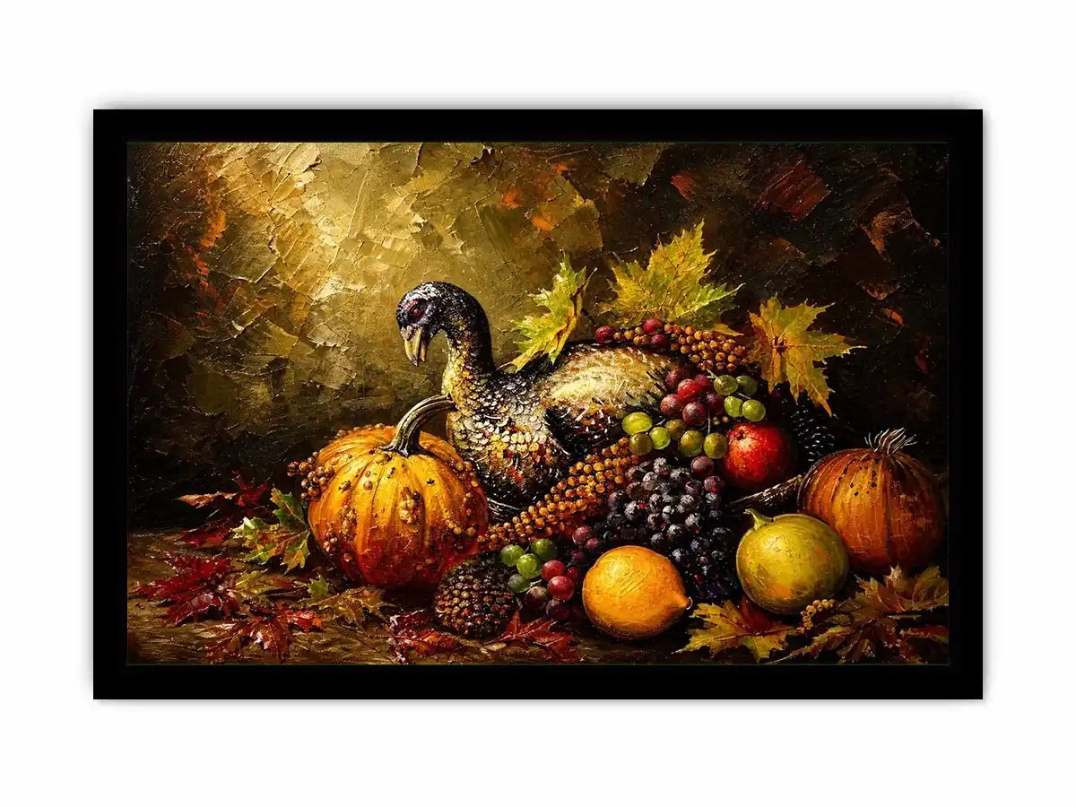 Autumn harvest still life painting with turkey, pumpkins, grapes and warm rustic tones luxury wall art