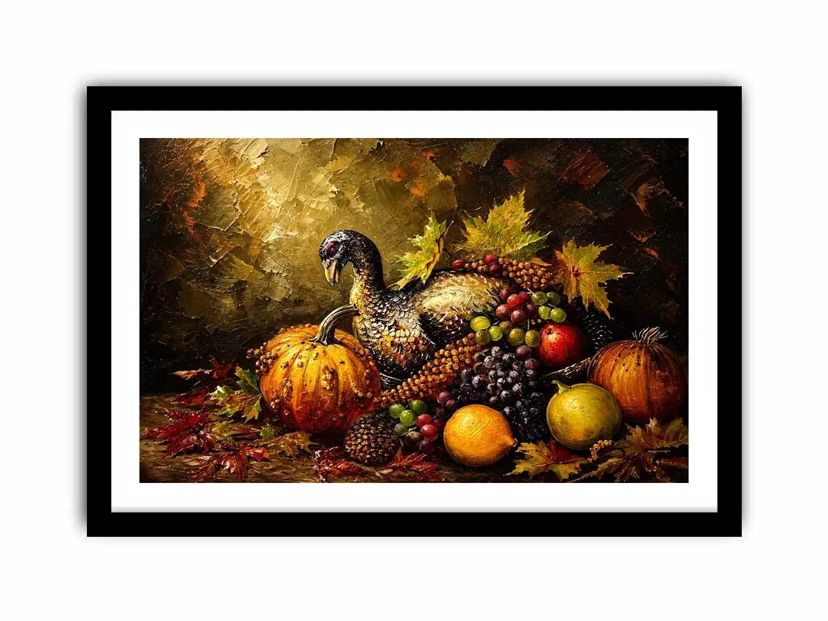 Autumn harvest still life painting with turkey, pumpkins, grapes and warm rustic tones luxury wall art