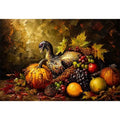 Autumn harvest still life painting with turkey, pumpkins, grapes and warm rustic tones luxury wall art