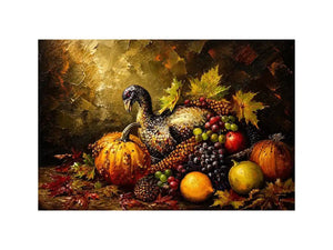 Autumn harvest still life painting with turkey, pumpkins, grapes and warm rustic tones luxury wall art