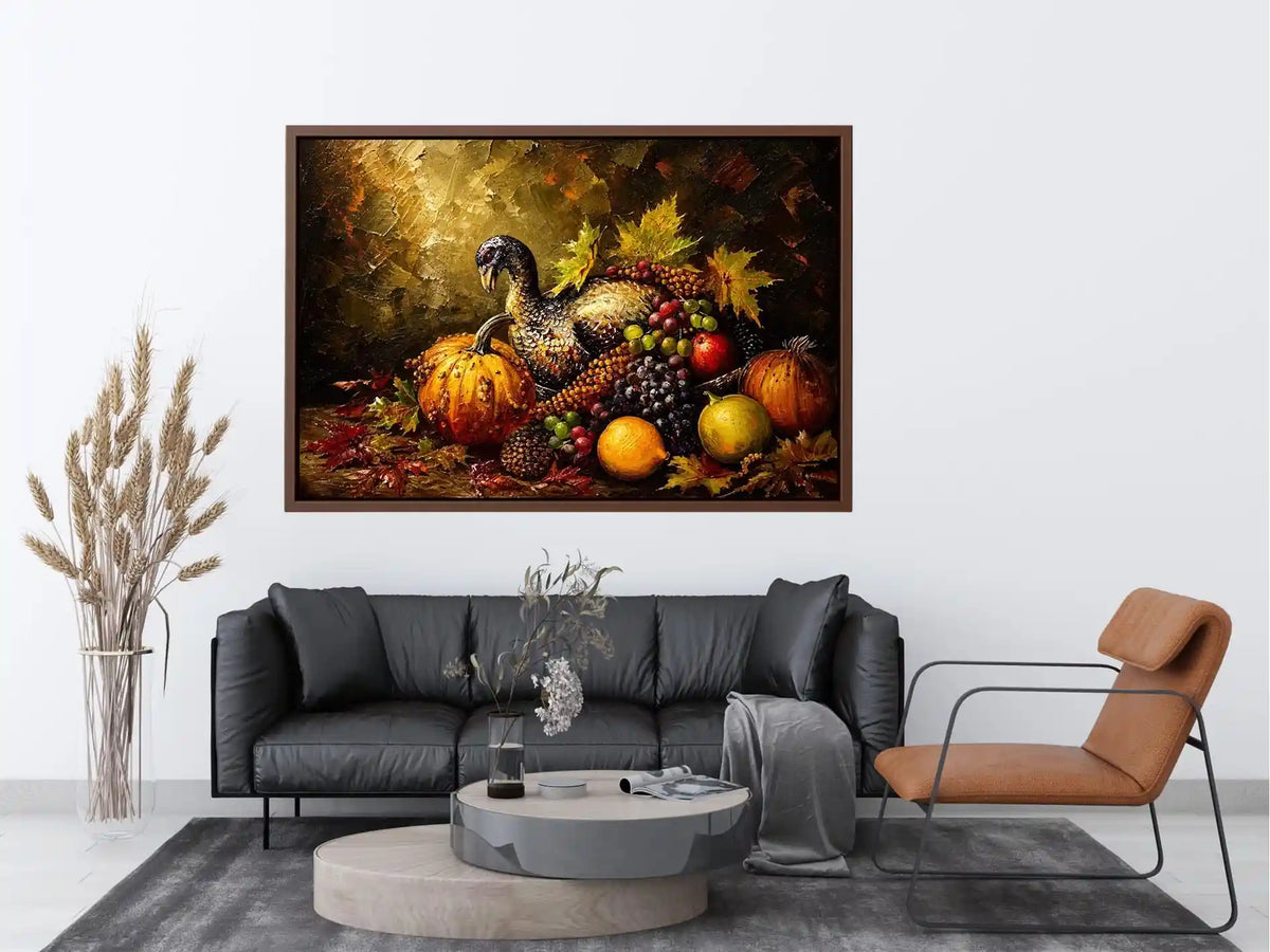 Autumn harvest still life painting with turkey, pumpkins, grapes and warm rustic tones luxury wall art
