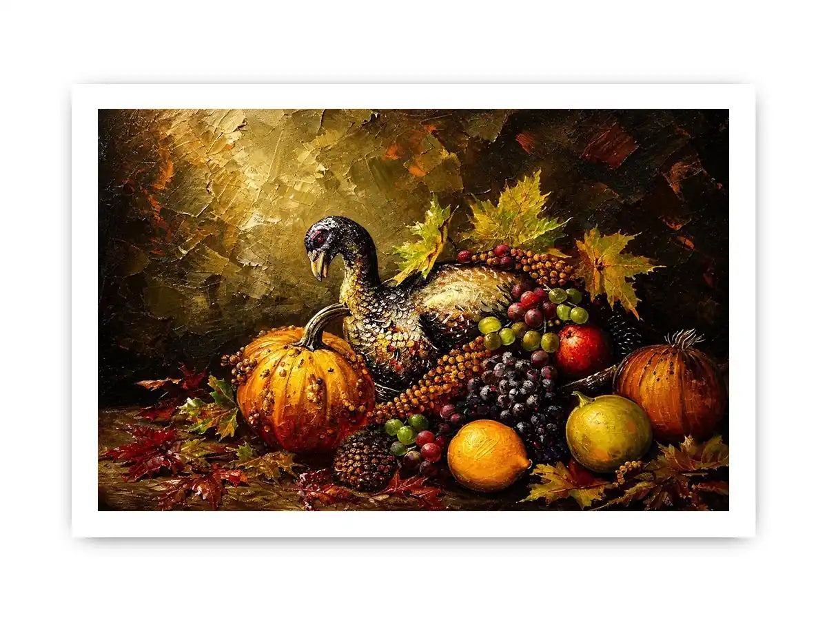 Autumn harvest still life painting with turkey, pumpkins, grapes and warm rustic tones luxury wall art