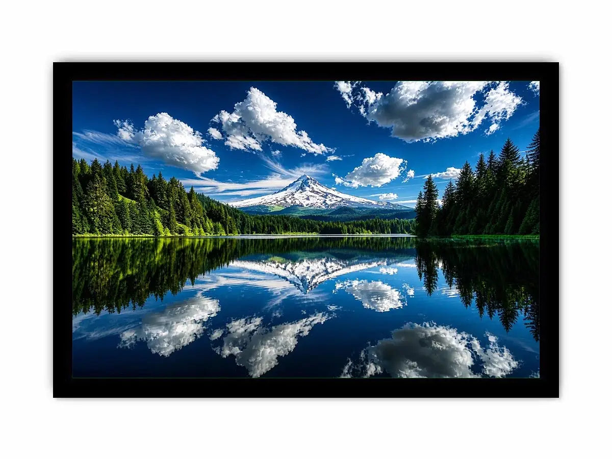Mountain lake reflection with snow peak forest and blue sky scenic landscape wall art