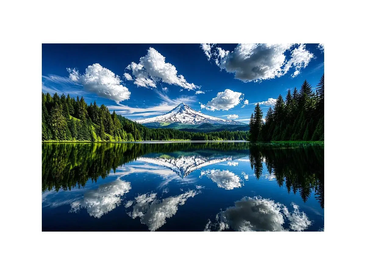 Mountain lake reflection with snow peak forest and blue sky scenic landscape wall art