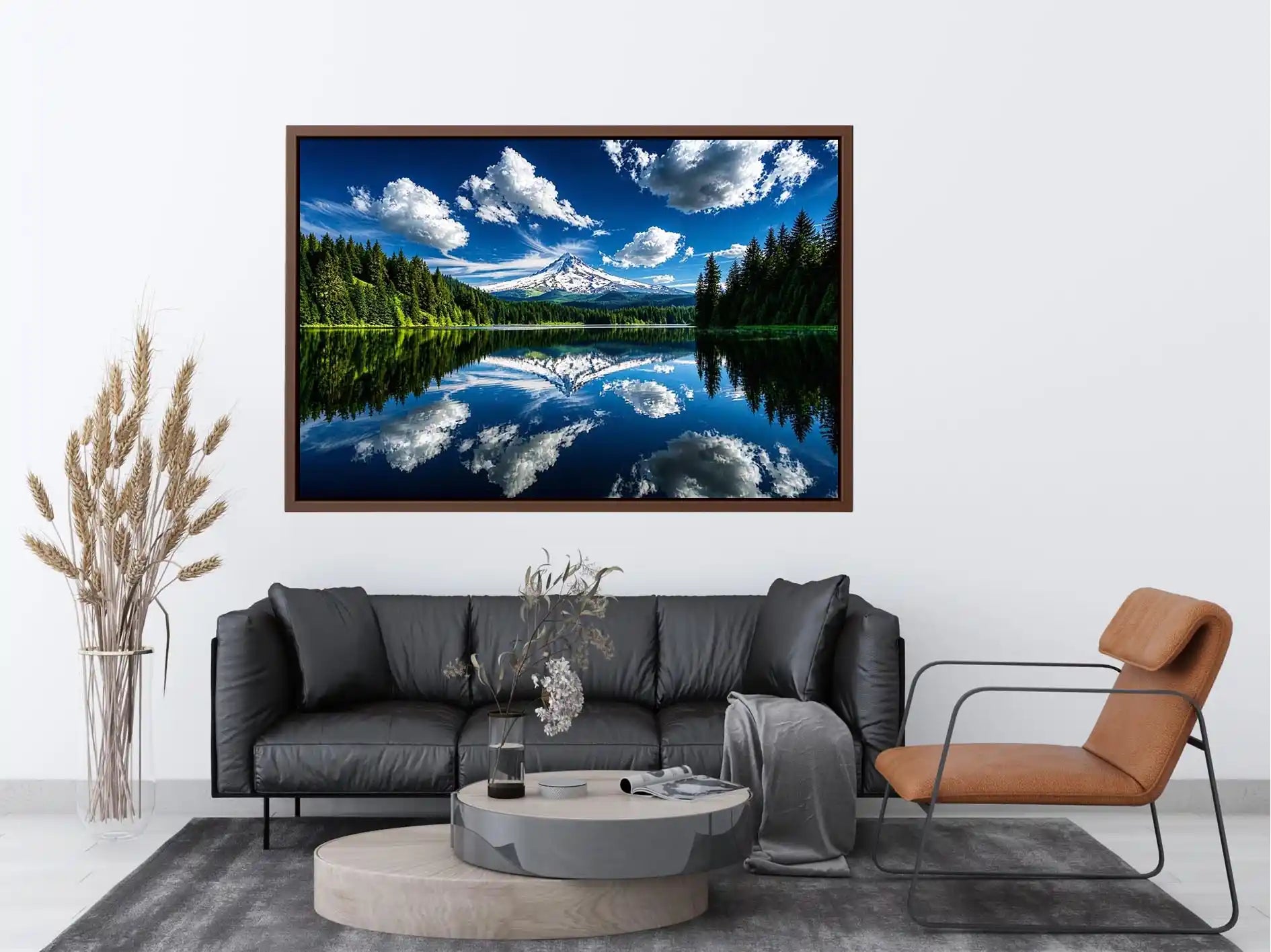 Mountain lake reflection with snow peak forest and blue sky scenic landscape wall art