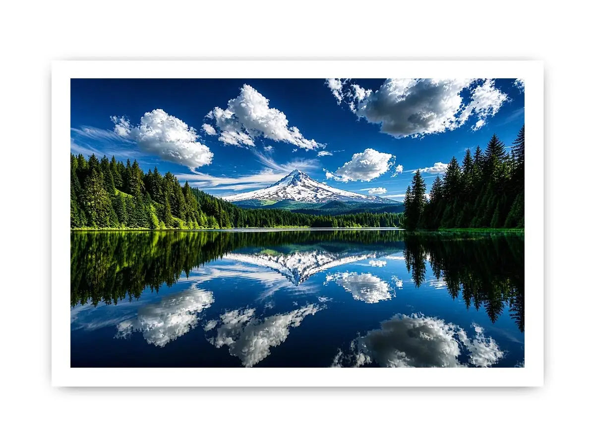 Mountain lake reflection with snow peak forest and blue sky scenic landscape wall art