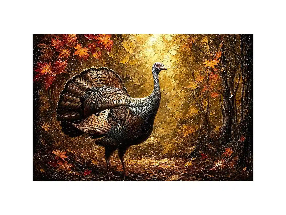 Autumn turkey painting with textured golden background rustic farmhouse luxury wall art