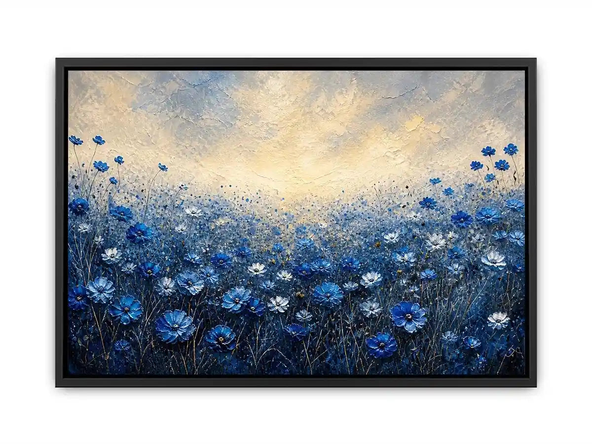 Minimalist blue floral field landscape with soft tones and airy background luxury wall art