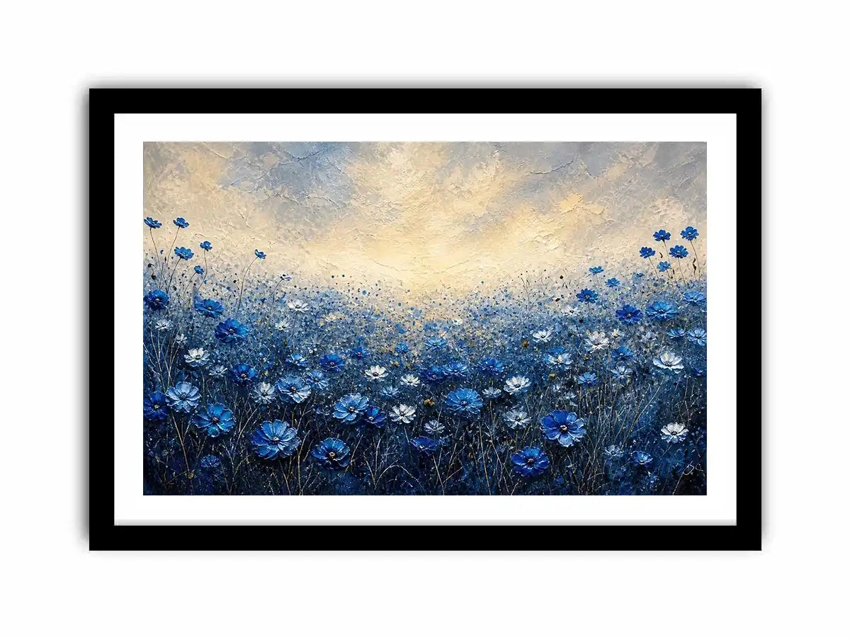Minimalist blue floral field landscape with soft tones and airy background luxury wall art