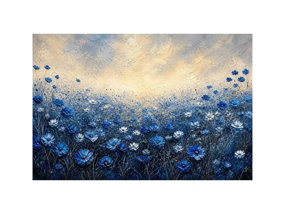 Minimalist blue floral field landscape with soft tones and airy background luxury wall art