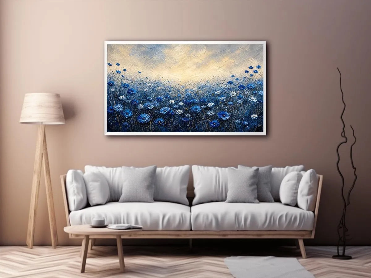 Minimalist blue floral field landscape with soft tones and airy background luxury wall art