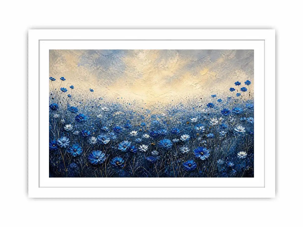Minimalist blue floral field landscape with soft tones and airy background luxury wall art