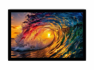 Abstract ocean wave art with teal blue and golden light fluid motion luxury wall art