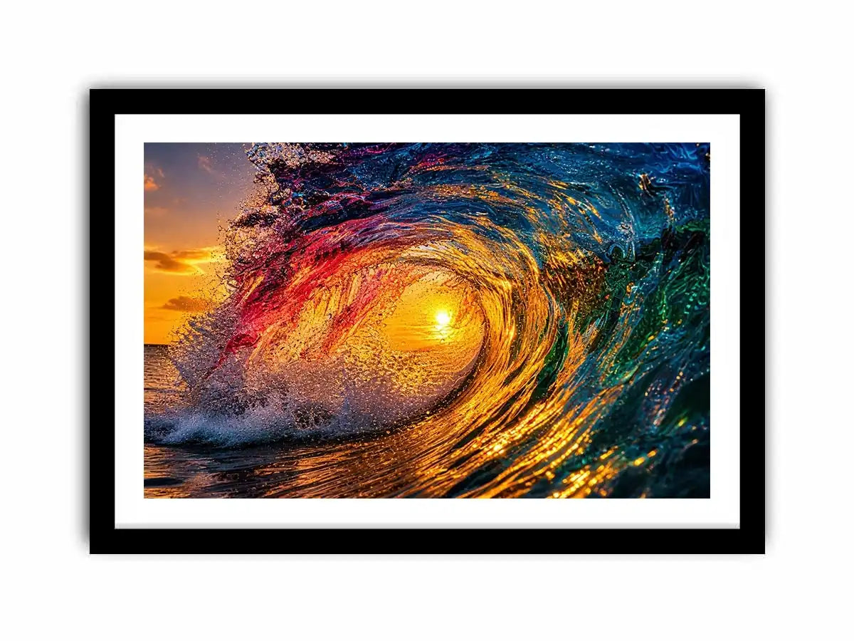 Abstract ocean wave art with teal blue and golden light fluid motion luxury wall art
