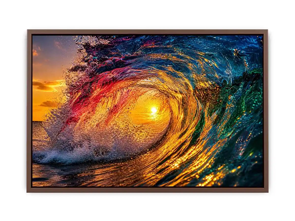 Abstract ocean wave art with teal blue and golden light fluid motion luxury wall art