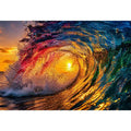 Abstract ocean wave art with teal blue and golden light fluid motion luxury wall art
