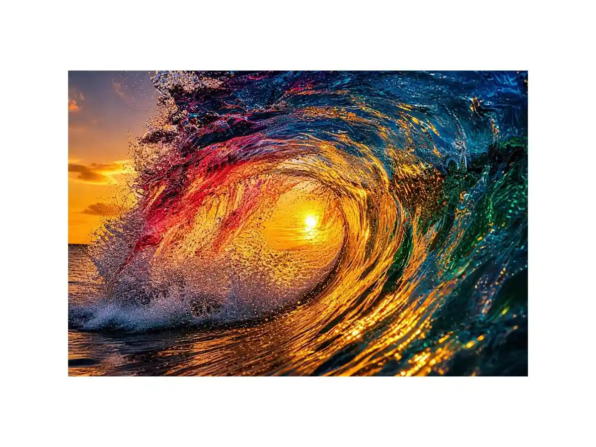 Abstract ocean wave art with teal blue and golden light fluid motion luxury wall art
