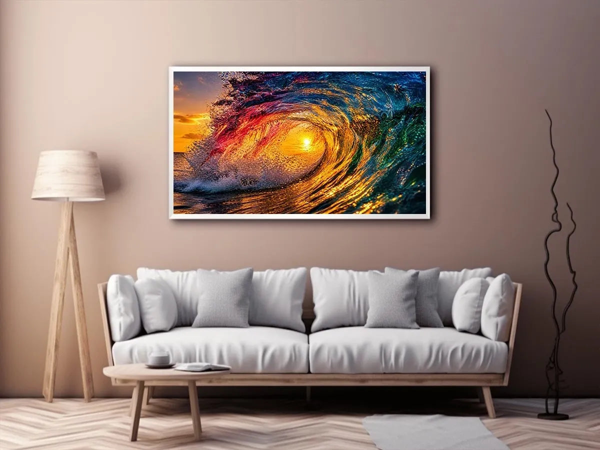 Abstract ocean wave art with teal blue and golden light fluid motion luxury wall art