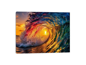 Abstract ocean wave art with teal blue and golden light fluid motion luxury wall art