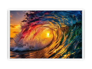Abstract ocean wave art with teal blue and golden light fluid motion luxury wall art