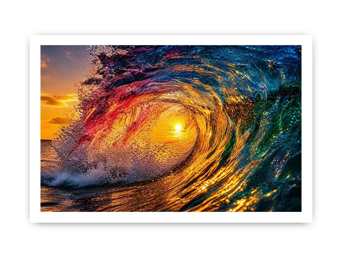 Abstract ocean wave art with teal blue and golden light fluid motion luxury wall art