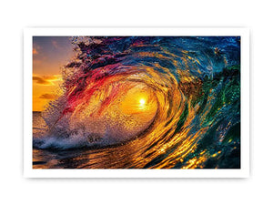 Abstract ocean wave art with teal blue and golden light fluid motion luxury wall art