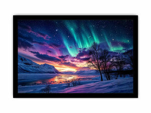 Northern lights landscape with snowy mountains and colorful sky reflection luxury wall art