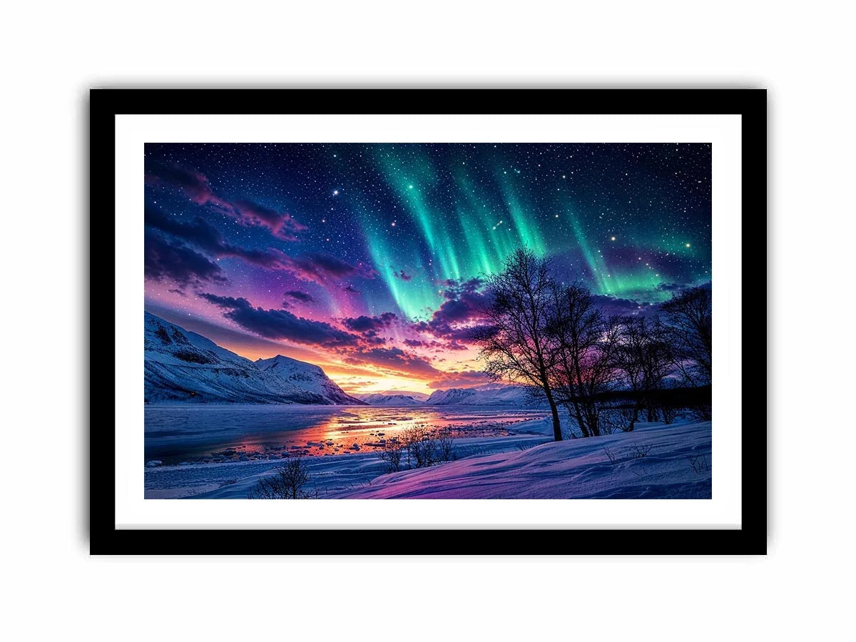 Northern lights landscape with snowy mountains and colorful sky reflection luxury wall art