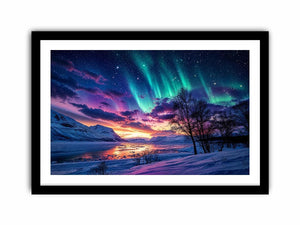 Northern lights landscape with snowy mountains and colorful sky reflection luxury wall art