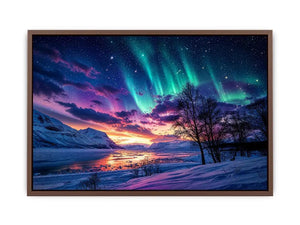 Northern lights landscape with snowy mountains and colorful sky reflection luxury wall art