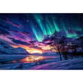 Northern lights landscape with snowy mountains and colorful sky reflection luxury wall art
