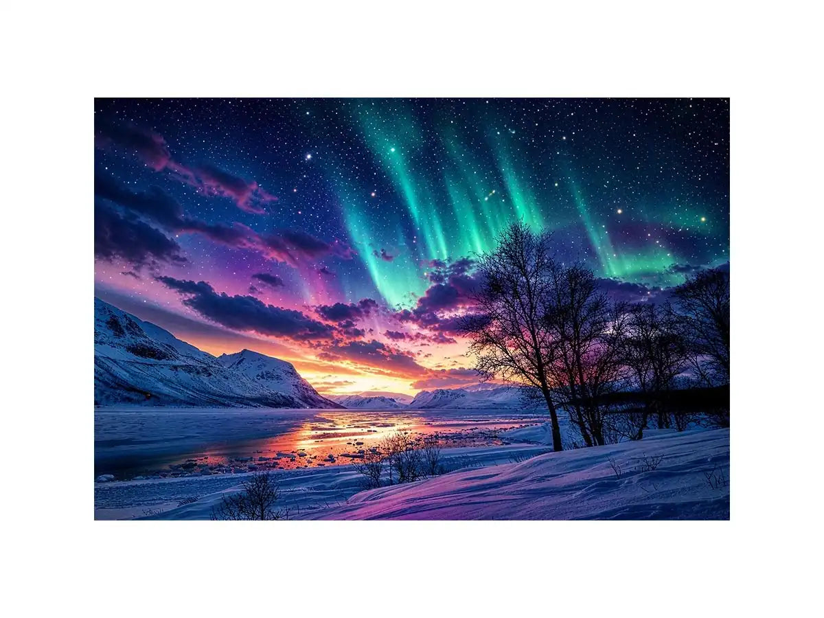 Northern lights landscape with snowy mountains and colorful sky reflection luxury wall art