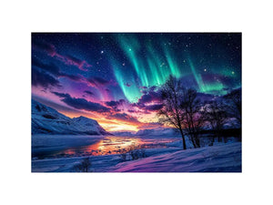 Northern lights landscape with snowy mountains and colorful sky reflection luxury wall art