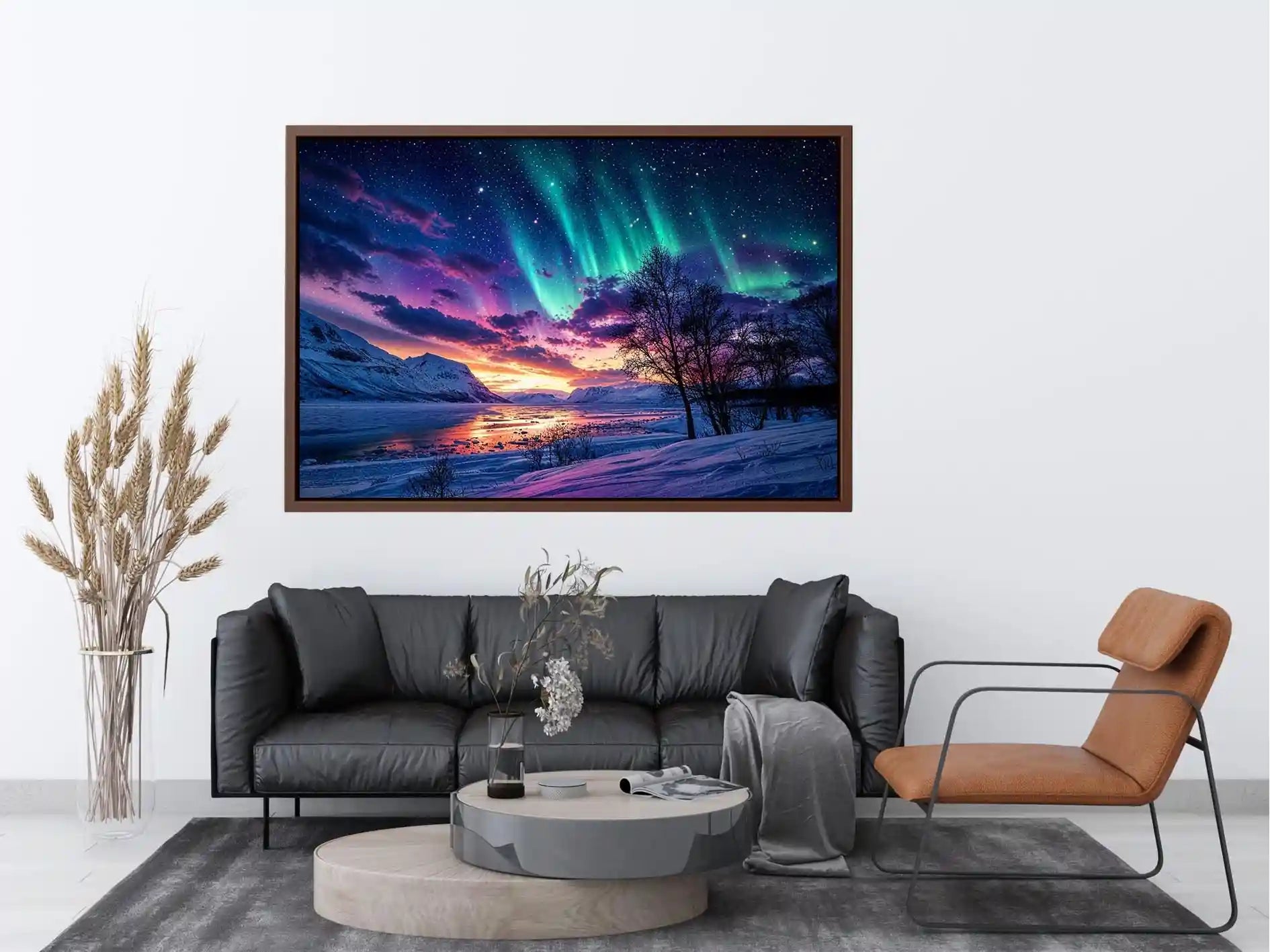 Northern lights landscape with snowy mountains and colorful sky reflection luxury wall art