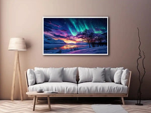 Northern lights landscape with snowy mountains and colorful sky reflection luxury wall art
